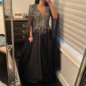 Pamela Roland Black Beaded Tulle Maxi Gown with Silver Embellishment